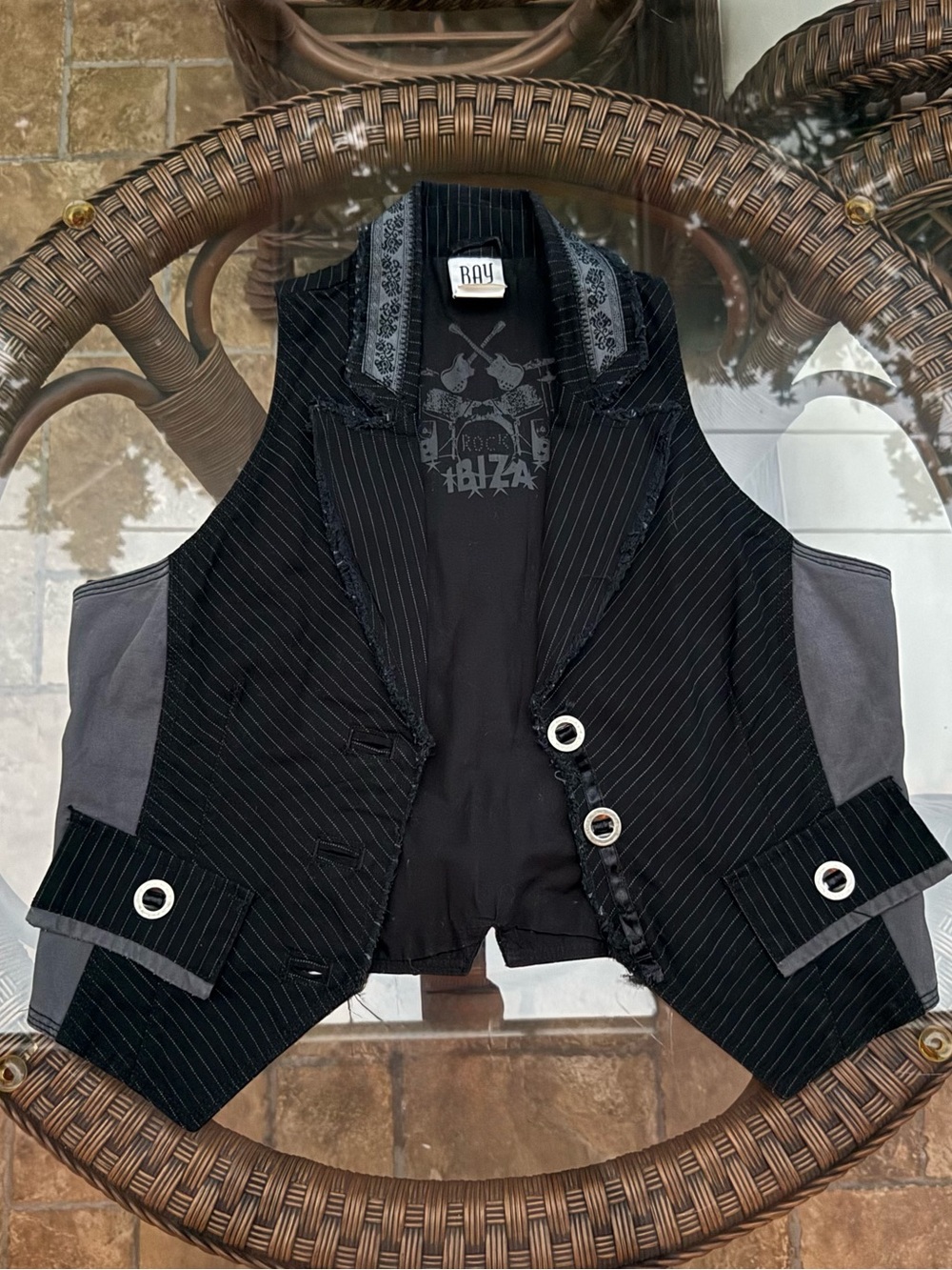 Black Pinstripe Men's Vest with Gray Accents